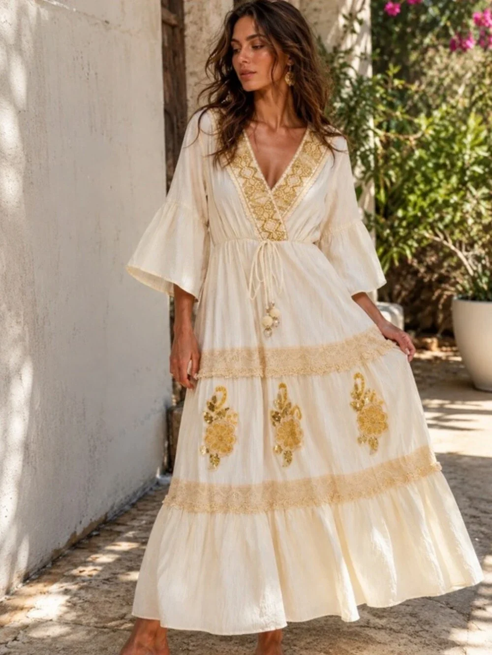 Boho Embroidered V-Neck Maxi Dress - Ivory with Gold Accents
